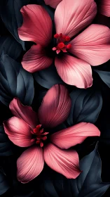 Pink Hibiscus Blooms. Dramatic Dark Backdrop.