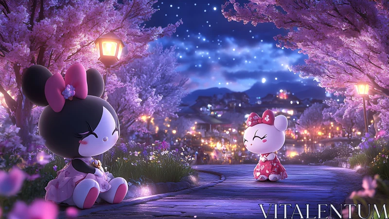 Chibi friends share a quiet cherry blossom night by the river