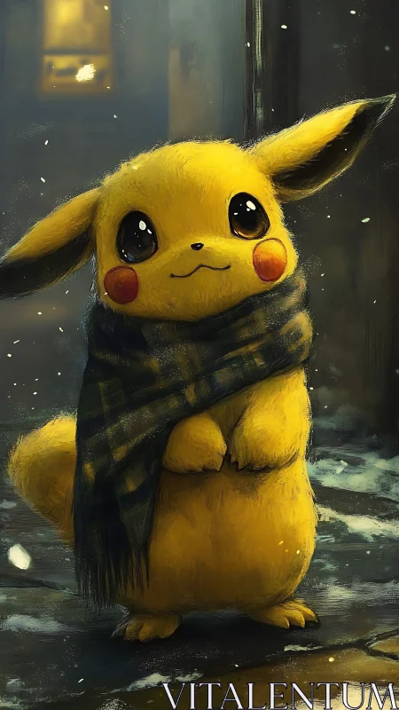 Cozy yellow friend bundled in a scarf on a snowy evening.