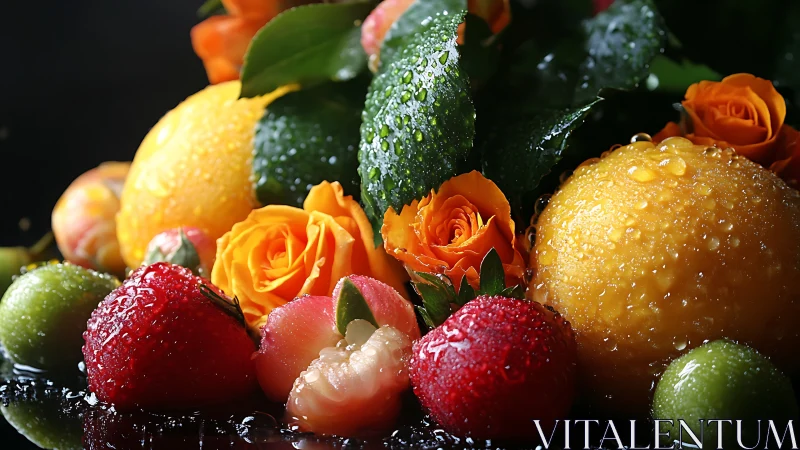 Dewlit citrus and roses mingle with jewel-bright summer fruit.