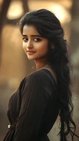 Photorealistic portrait with golden bokeh and soft backlighting.