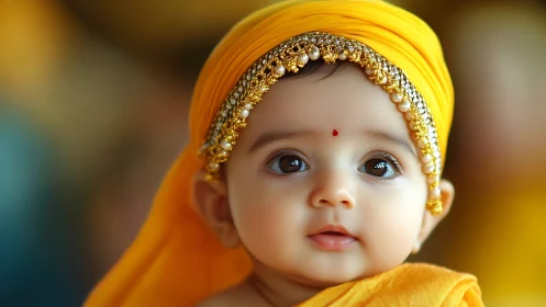 Photorealistic infant in ornamental gold headwear portraiture.