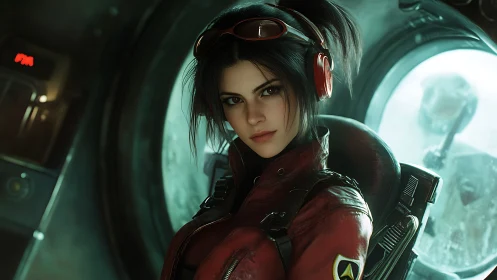 Space pilot in crimson suit gazes through starship window.