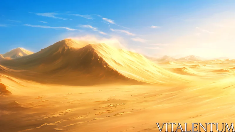Golden desert dunes under clear blue sky at sunrise.