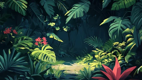Tropical forest clearing with layered foliage and flowering plants.