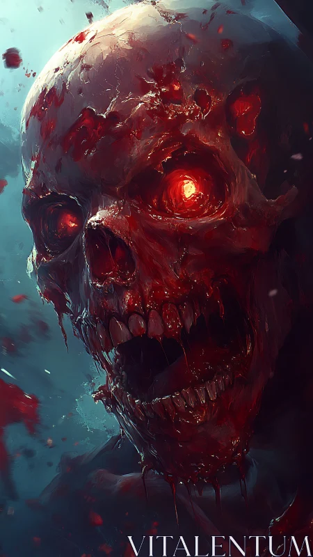 Blood-soaked flaming skull portrait in dark atmosphere.