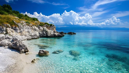 Turquoise rocky coast with crystal shallows under bold sky.