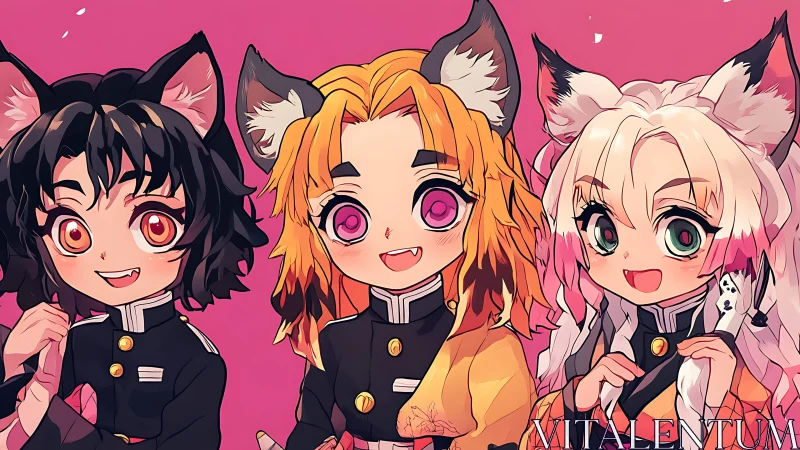 Playful fox-eared friends sharing bright anime smiles.