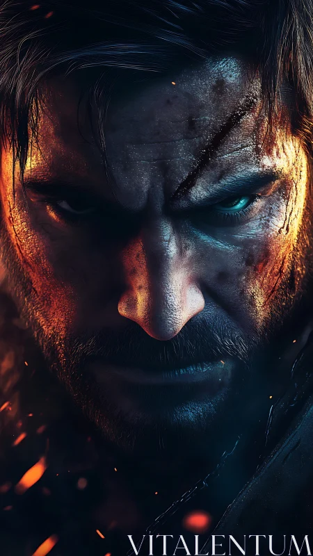 Close digital portrait of battle-worn male face with scars.