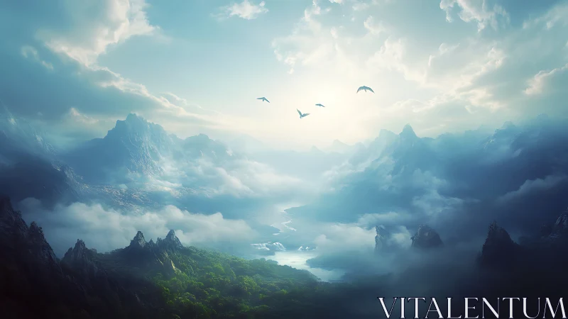 Backlit alpine valley renders ethereal atmospheric depth