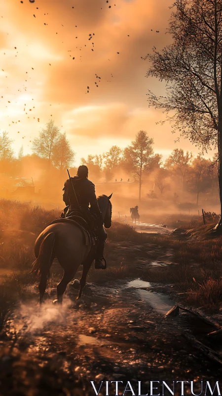 Rider traversing wet trail under volumetric sunset haze.