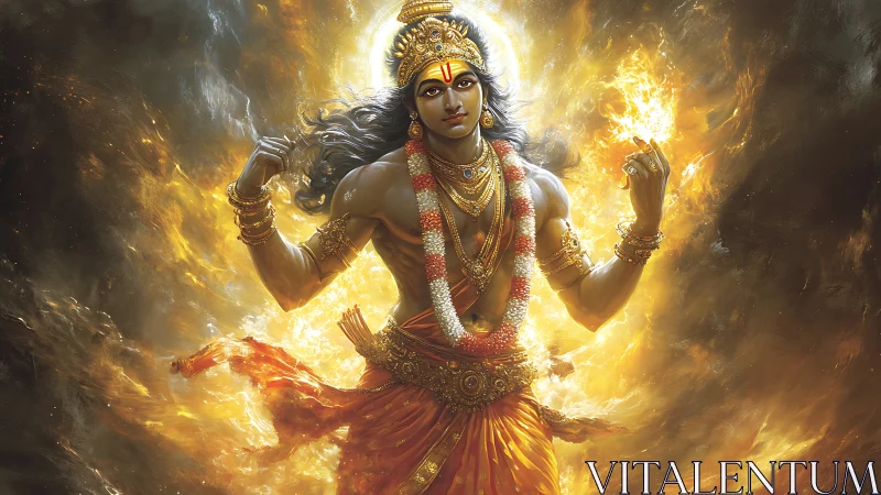 Hindu deity figure stands in fiery golden digital artwork