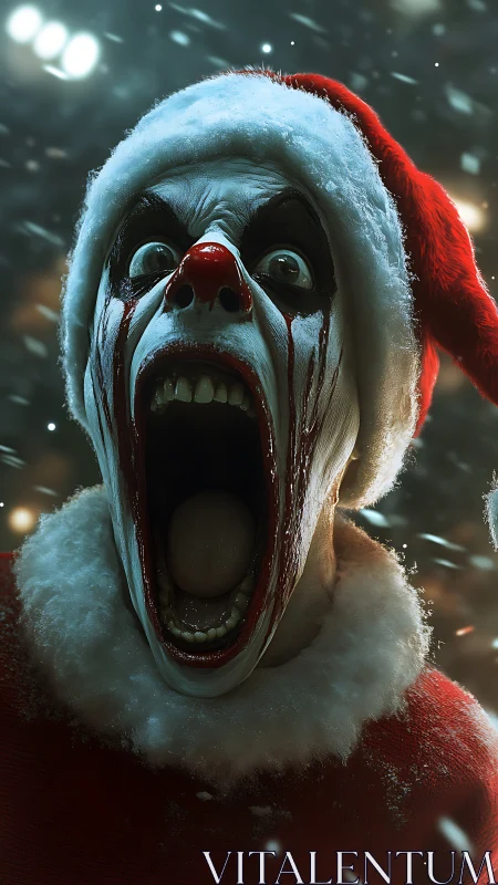 Howling nightmare Santa clown shreds cozy Christmas calm.