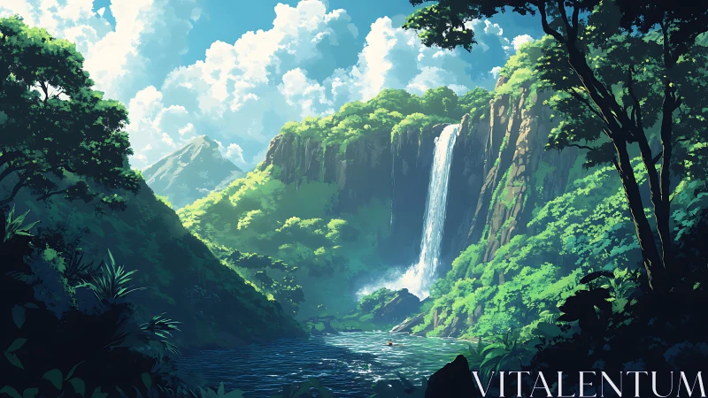 Hidden waterfall canyon surrounded by lush green jungle vegetation.