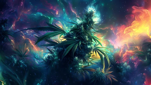 Luminous cosmic garden of glowing leaves and swirling color.