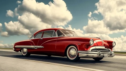 Glorious red classic car glides along a bright open highway
