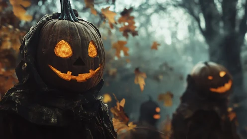 Cloaked jack o lantern figures in misty autumn forest at dusk