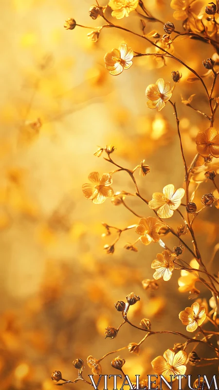 Backlit golden blossoms with shallow depth of field and warm bokeh