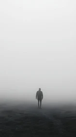 Quiet figure walking alone into a soft, endless fog.
