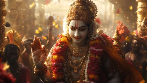 Hindu deity statue in ceremonial procession with garlands.