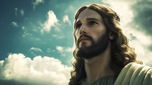 Dramatic low-angle portrait under volumetric backlit cloudscape