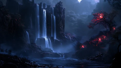 Nocturnal waterfall canyon with bioluminescent crimson trees.