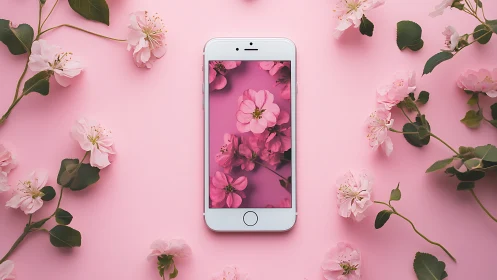 White smartphone displaying pink floral content on coordinated background