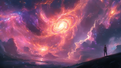 Person stands under luminous cosmic nebula sky at dusk