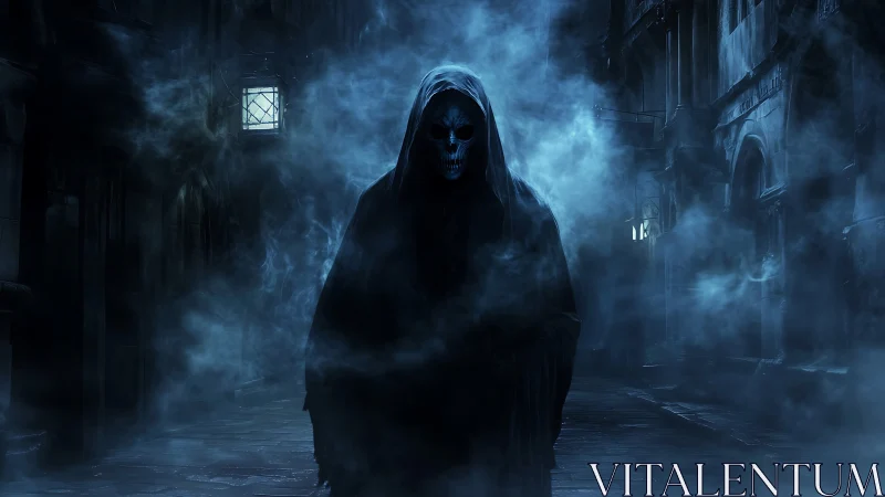Hooded skeletal figure in dense fog on narrow street at night.