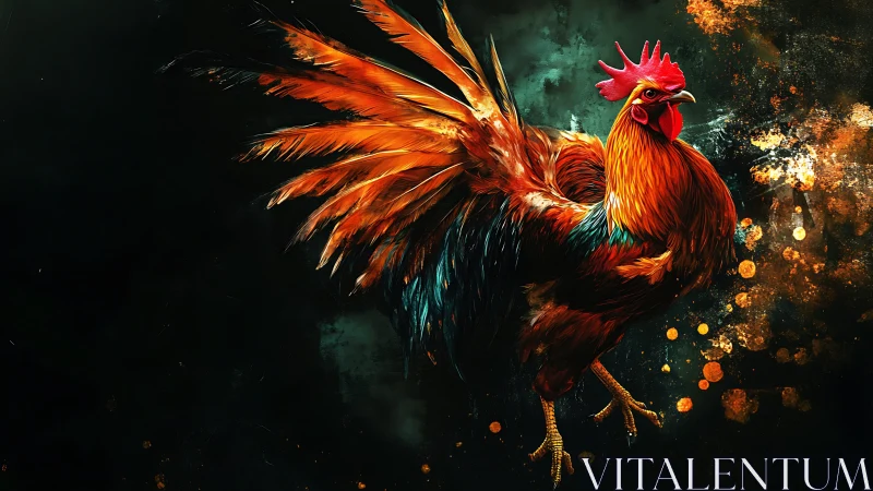 Rooster with Dynamic Wings Against Dark Emerald Background. Digital.