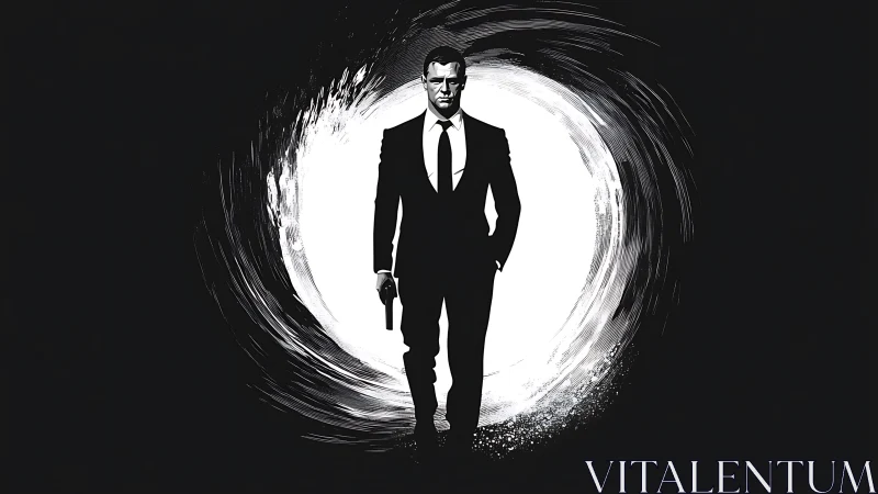 Suit-clad shadow strides from swirling monochrome vortex