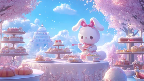Pastel bunny patisserie scene under cherry blossoms, soft lighting