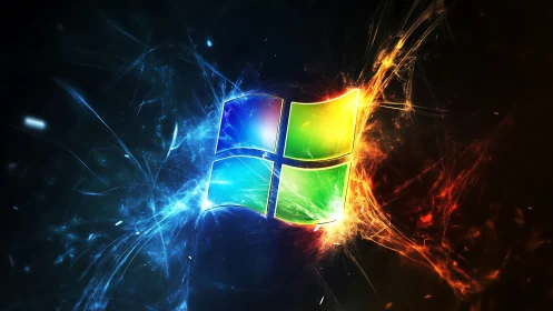 Windows logo with blue and orange energy contrast burst.