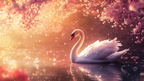 Graceful white swan drifting under glowing cherry blossoms.
