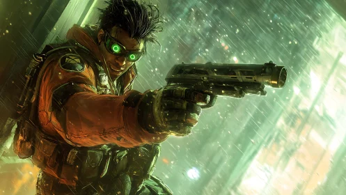 Cyberpunk gunfighter aims pistol through neon rainstorm.