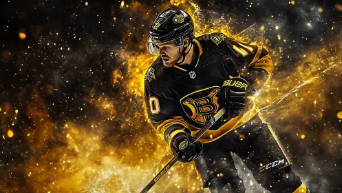 Blazing hockey player charges forward through golden sparks