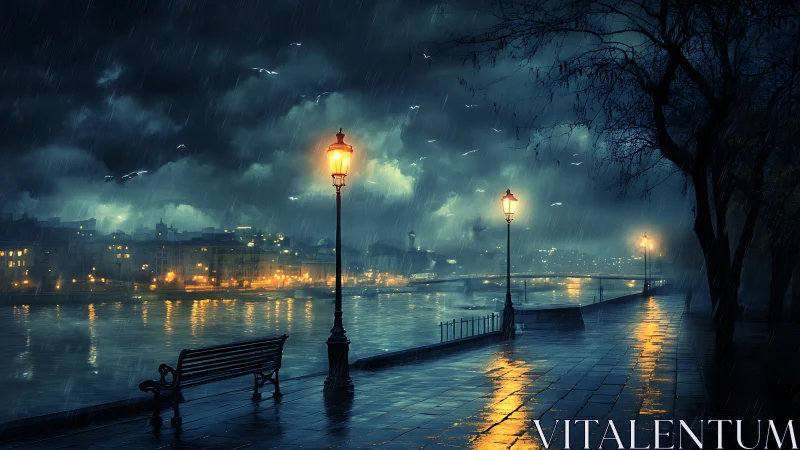 Rainy riverside promenade with streetlights at night.