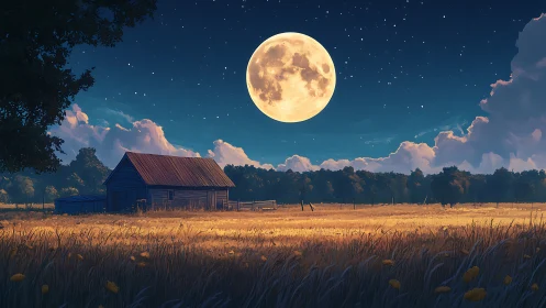 Harvest moonrise over quiet farmstead in glowing starlit fields.
