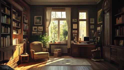 Sunlit scholar&rsquo;s library nest bathed in warm autumn glow.