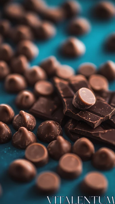 Photorealistic milk chocolate morsels on teal tabletop surface.