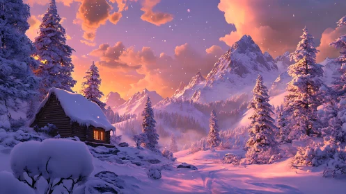 Snow cabin glows under vivid alpine sunset sky.