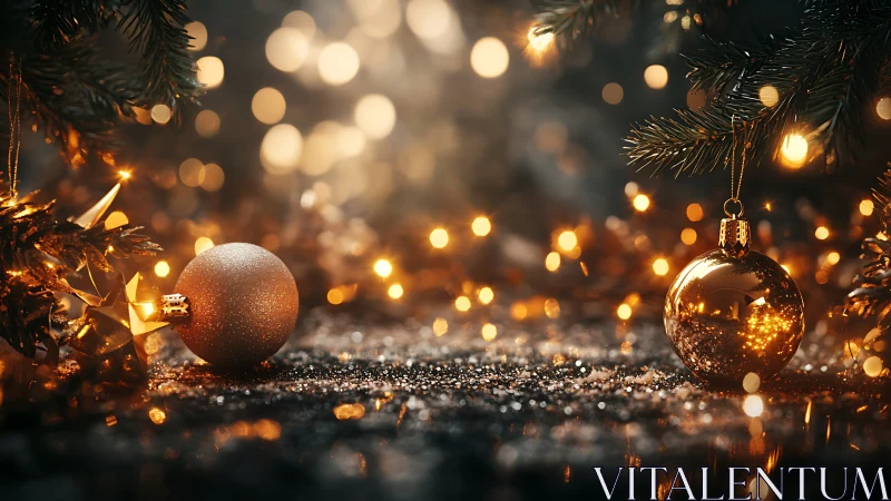 Photorealistic gold baubles in shallow-depth festive bokeh field.
