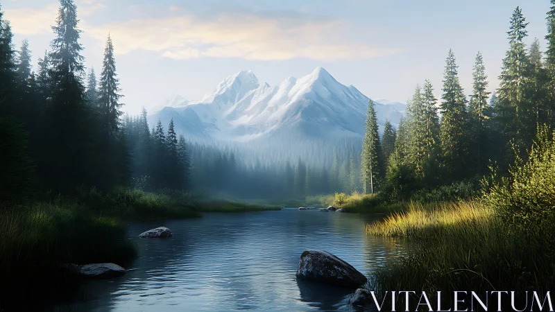 Snowy mountain above forest river in soft morning light.