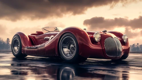 Streamlined red roadster gleams under dramatic evening sky.