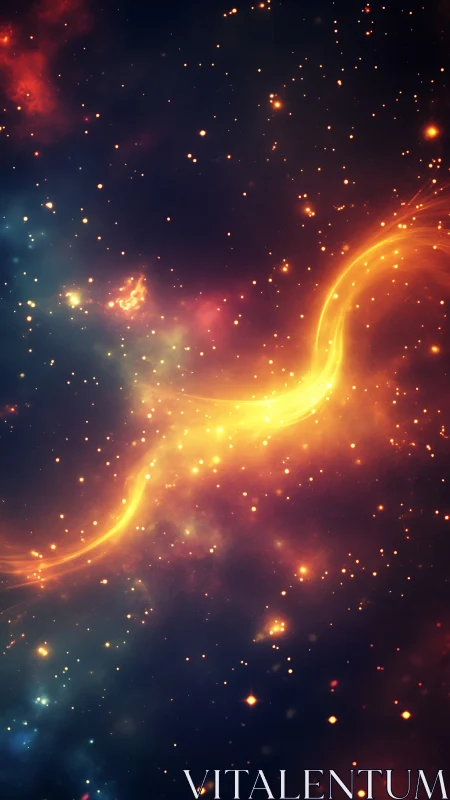 Glowing cosmic ribbon gently swirls through a starry nebula