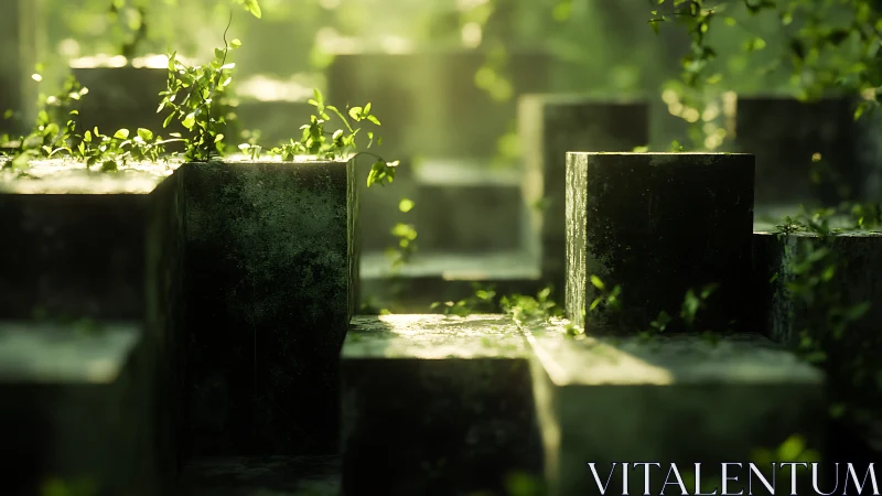 Sunlit mossy concrete blocks suggest nature’s quiet return