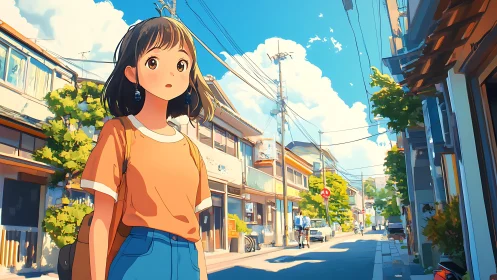 Sunlit urban street portrait in warm anime color palette.