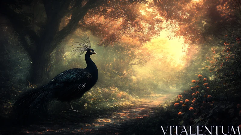 Enchanted forest peacock pauses along a golden morning path