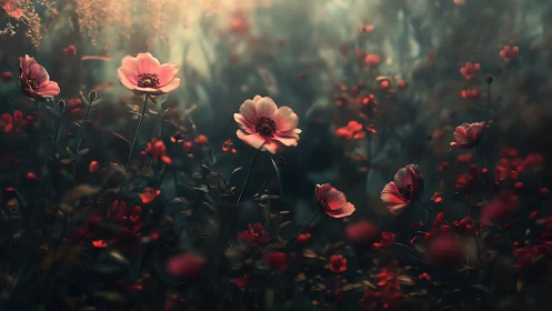Backlit cosmos flowers in layered soft focus botanical composition