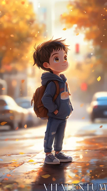 Little daydreamer on a golden autumn city sidewalk.